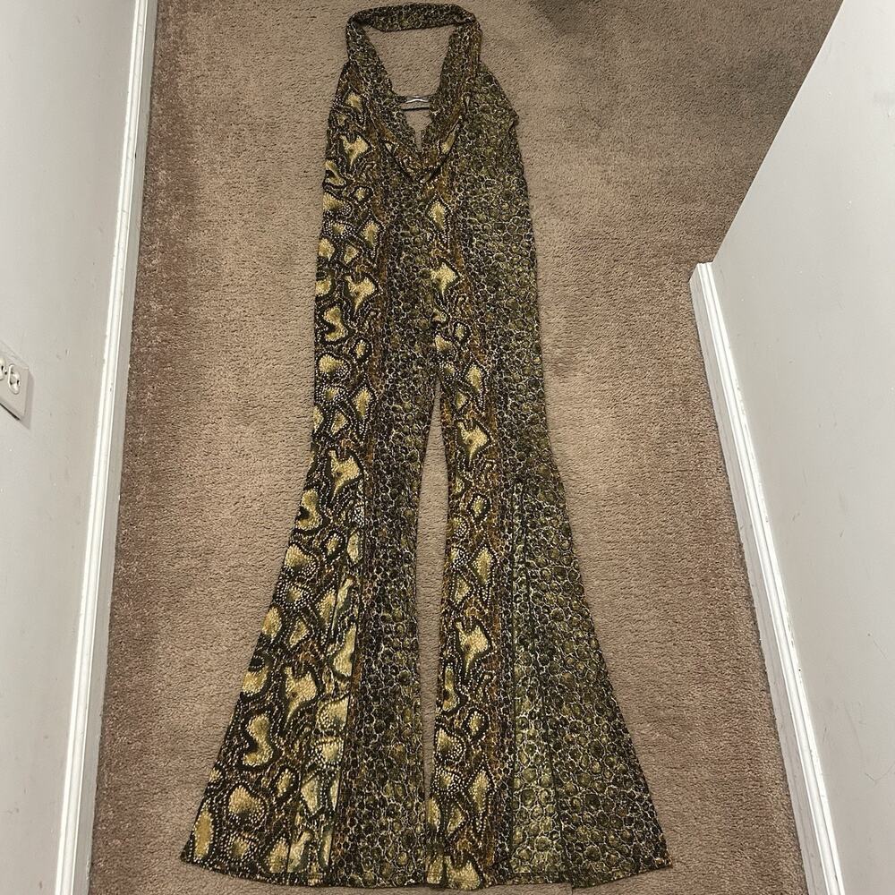 Vintage Kitty Python Halter Jumpsuit Flare Split Leg Backless Sz Small?* Disco